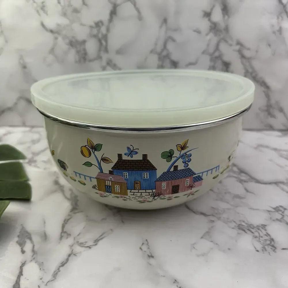 International Heartland Vintage Enamelware Nesting Bowls With Lids Mixing 6 pc